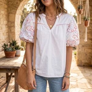 Women's White Puff Sleeve Top with Multicolor Embroidery ptp 20”-21”